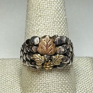 Black Hills Signed 12K Gold Sterling Silver 925 & Rose Gold Leaf Textured Ring